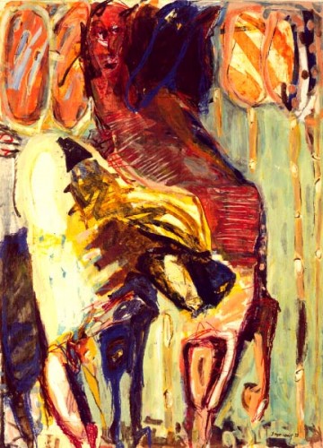 Fotograf: Jesper Holdgaard
Værk  titel: Minotaurus og hest i ordnet landskab 
Værk  type: Maleri 
Materiale: Acryl på papir 
Størrelse: 140x100 cm. 