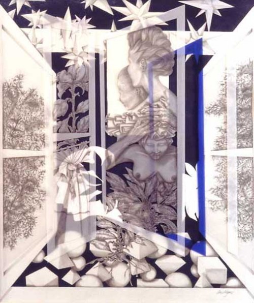 Fotograf: Erik Bredahl
Værk  titel: Mystery play with windows II 
Værk  type: Mixed media/tegning 
Materiale: Paper 
Størrelse: 100 x 85 cm 
Færdiggjort: 2000 
