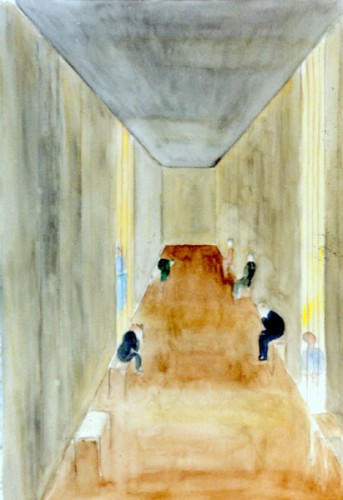 Fotograf: Nikolaj Nielsen
Værk  titel: En gang i retsbygningen. KAFKA: Processen 
Værk  type: Akvarel 
Størrelse: 76 x 56 cm 
Færdiggjort: 2003 