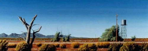 Fotograf: Mingo
Værk  titel: Landskab med vandtårn 
Værk  type: Maleri 
Materiale: Olie og acryl på lærred 
Størrelse: 55 x 160 cm 
Færdiggjort: 2000 
Placering: Privateje 