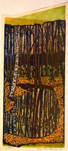 Fotograf: Mads Filskov
Værk  titel: Skovsø 
Værk  type: Linoleumstryk 
Størrelse: 50 x 21 cm 
Færdiggjort: 1990 