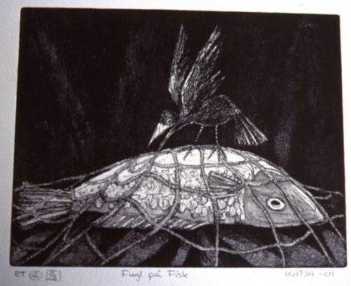 Fotograf: Eget foto
Værk  titel: Fugl på fisk 
Værk  type: Grafik 
Materiale: Kobbertryk på papir 
Størrelse: 50 x 60 cm med ramme 
Færdiggjort: 2001 