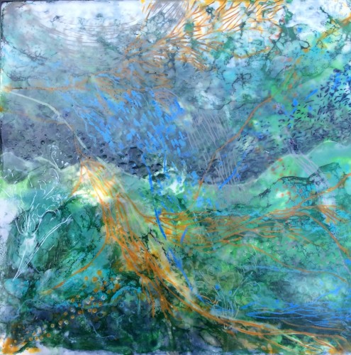 “Bygevejr” 30x30 cm Encaustic på træbund, mange tynde lag af varm bivoks malet på en bund af træ, se evt mere på min hjemmeside www.hellequentin.weebly.com