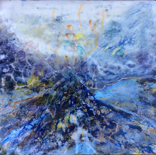 30x30 cm Encaustic på træbund, mange tynde lag af varm bivoks malet på en bund af træ, se evt mere på min hjemmeside www.hellequentin.weebly.com