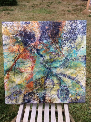 60x60 cm Encaustic på træbund, mange tynde lag af varm bivoks malet på en bund af træ, se evt mere på min hjemmeside www.hellequentin.weebly.com