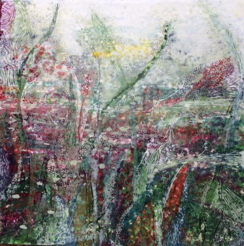 “Feland” 70x70 cm Encaustic på træbund, mange tynde lag af varm bivoks malet på en bund af træ, se evt mere på min hjemmeside www.hellequentin.weebly.com