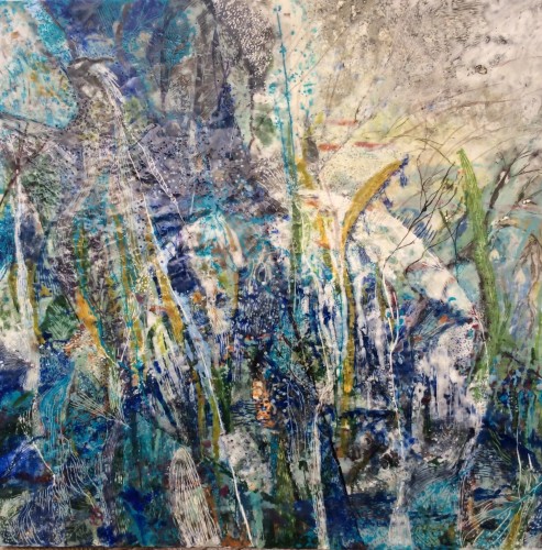 “Månestråle” 70 x 70 cm Encaustic på træbund, mange tynde lag af varm bivoks malet på en bund af træ, se evt mere på min hjemmeside www.hellequentin.weebly.com