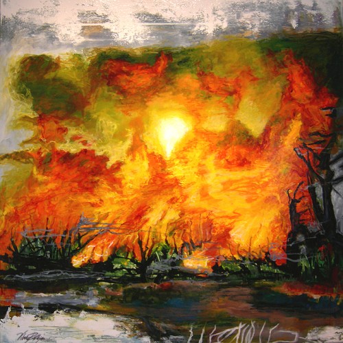 Vibeke B&oslash;tkj&aelig;r&quot;Firesun&quot;, Maleri 120 x120 cm, akryl p&aring; l&aelig;rred, 2010 
