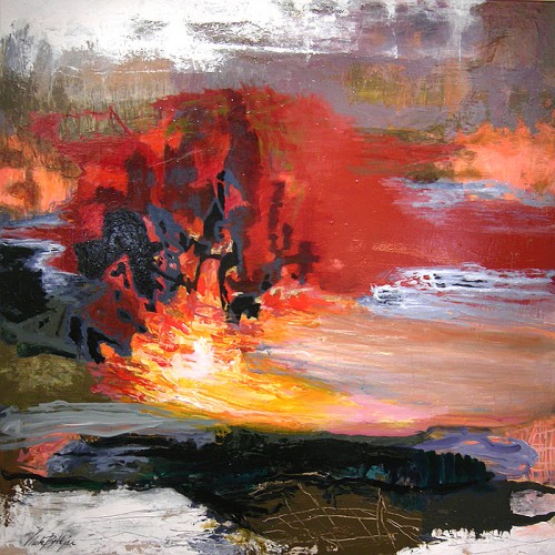 Vibeke B&oslash;tkj&aelig;r &quot;Oceanfire&quot;, maleri 120 x 120 cm, akryl p&aring; l&aelig;rred 2010

