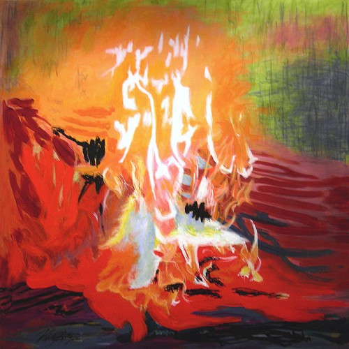 Vibeke B&oslash;tkj&aelig;r, &quot;Firelight&quot; maleri 120 X 120 cm, akryl p&aring; l&aelig;rred 2010 