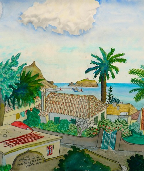 Akvarel malet on location. Udsigt til Ilheu Cima. Porto Santo 2010. Pris: 2500 kr.