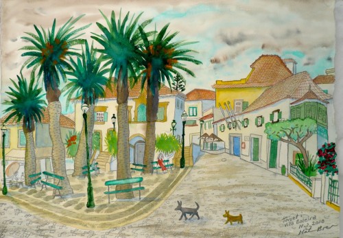 Akvarel malet on location i Vila baleira på Porto Santo februar 2010. Pris 2300