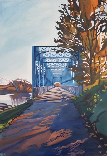 På vej væk 2. Maleriet forestiller Den blå bro over Gudenåen i Randers Midtby en solrig efterårsdag. Maleriet måler 70x100 og koster 7000 kr.